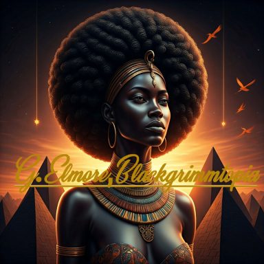 A black woman with a majestic afro stands against a backdrop of pyramids and sunset.