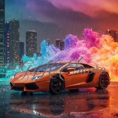 Orange sports car parked in a vibrant cityscape with colorful smoke effects.