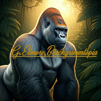 A powerful gorilla in a lush jungle setting with artistic text overlay.