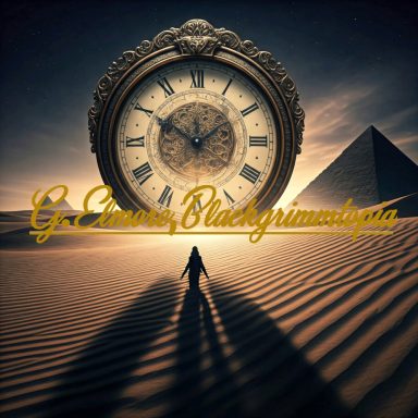 A surreal scene featuring a giant clock above a pyramid with a silhouetted figure in the sand.