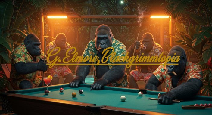 Gorillas in Hawaiian shirts gathered around a pool table in a tropical setting.