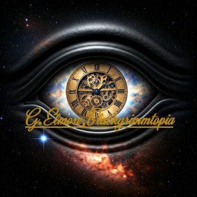 An artistic eye with a clock, set against a cosmic background and stylized text below.